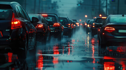 Cars are stuck in a traffic jam on a rainy evening