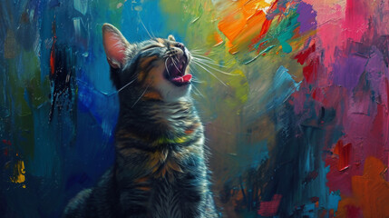 Whiskers and Colors: A Tabby Cat's Joyful Appreciation of Vibrant Artistry