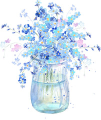 Forget me not watercolor clipart, blue flowers. 
Hand painted floral illustration.