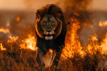 The Powerful Lion Determined Journey Through Fiery Wilderness.