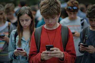 Fototapeta premium A showcasing teenagers deeply engrossed in their smartphones, depicting the prevalent dependency and reliance on mobile devices in modern society 