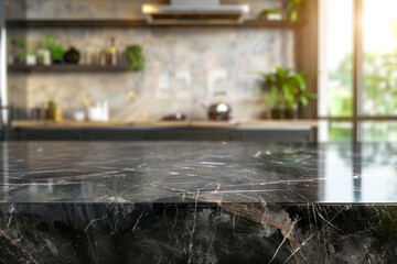 Modern dark marble table top for montage product display in bokeh kitchen interior background