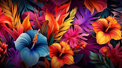 Floral summer wallpaper design as exotic background illustration. - obrazy, fototapety, plakaty