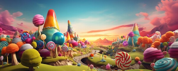 Creative 3D rendering of a colorful candy landscape with a detailed ant, designed to pop on any playful publication cover - obrazy, fototapety, plakaty