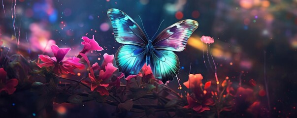 Detailed image of a butterfly perched on a flower, enhanced by a faint holographic signal pattern in the lush garden background - obrazy, fototapety, plakaty