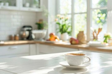 Morning coffee in modern kitchen with copy space, summer breakfast scene on white table