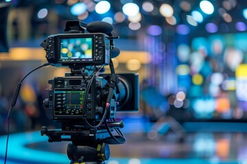 Fototapeta premium Modern video camera recording interview in tv show studio, mass media and technology concepts