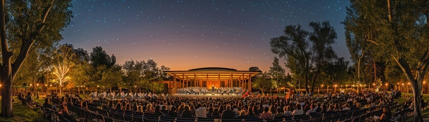 Envision a serene evening at a picnic concert, with lawn seating and a magnificent symphony orchestra playing under the stars, the gentle evening breezes whispering through the crowd