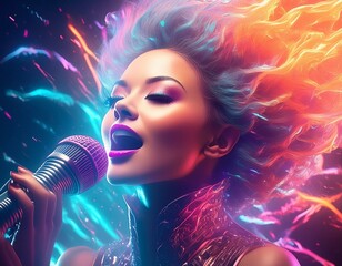 Hübsche Frau singt in eine Mikrofon bunte Farbexplosion.