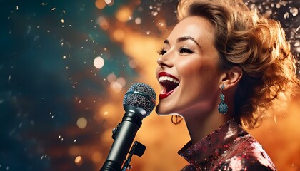 Hübsche Frau singt in eine Mikrofon bunte Farbexplosion.