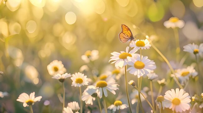 Radiant expanse of daisies dancing in the sun. Serene meadow adorned with the delicate beauty of chamomile flowers, set against the backdrop of a pictures footage