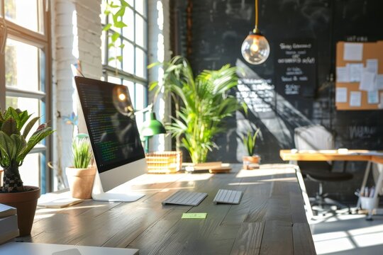 Modern office interiors featuring stylish workspace design and contemporary decor