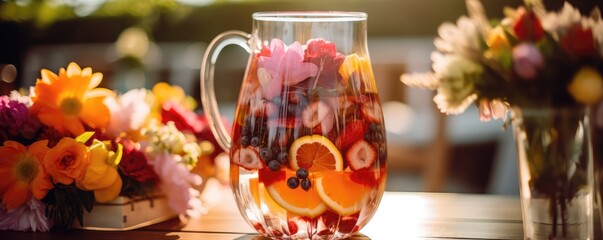 refreshing summer drink with fruits and flowers in a tall glass against a blurred background