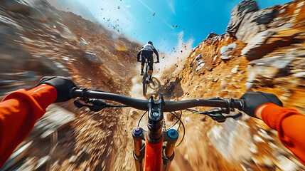 Riding a bicycle down a dirt road through stunning mountain landscape