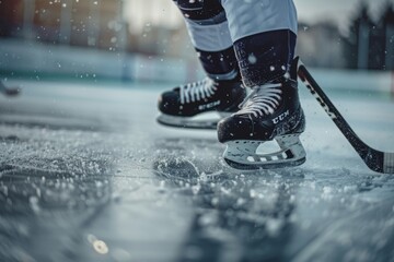 Professional ice hockey player practicing on stadium ice rink, close up shot during training session