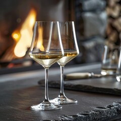 Wine by the fireplace for a romantic evening at a supper club or restaurant. White wine and glasses.