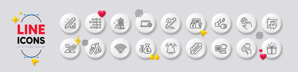 Security contract, Notebook service and 5g wifi line icons. White buttons 3d icons. Pack of Building warning, Chef, Musical note icon. Notification bell, Coins bags, Edit pictogram. Vector