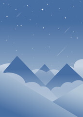 Shooting star in bright evening sky among clouds. Aesthetic gradient blue Pyrenees skyscape.