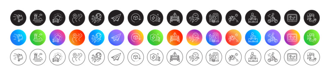 Lighthouse, Flight destination and Car review line icons. Round icon gradient buttons. Pack of Road, Car charging, Flight time icon. Warning road, Gps, Return package pictogram. Vector