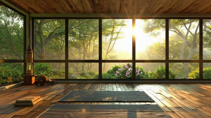 Fototapeta premium A serene and peaceful scene of a room with a large window overlooking a forest