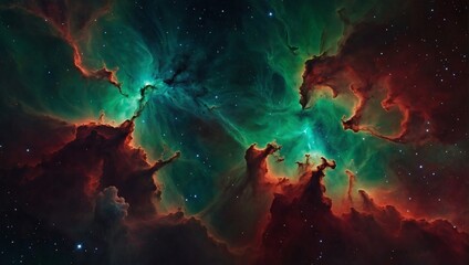 Nebula Reverie, Cosmic Expanse with Stars and Shades of Vermilion Red and Emerald Green.