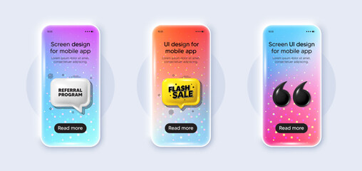 Phone 3d mockup gradient screen. Referral program tag. Refer a friend sign. Advertising reference symbol. Referral program phone mockup message. Flash sale chat speech bubble. Vector