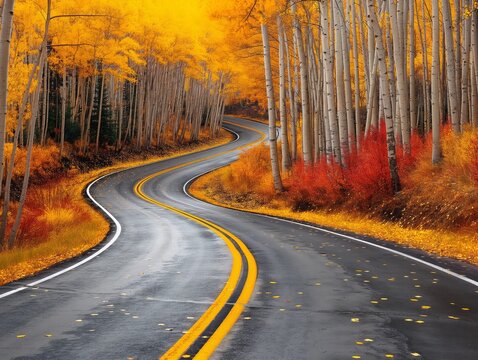 A road with trees on both sides and a yellow line. The road is wet and the leaves are falling