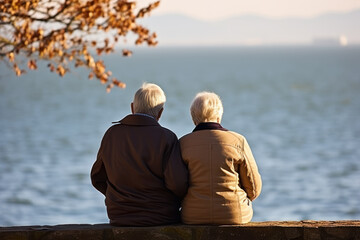 Senior couple sitting on bench near sea lake in sunny autumn day. Rear view