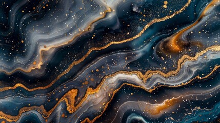   A tight shot of a blue-gold marble against a jet-black backdrop, showcasing gold speckles along its edges - obrazy, fototapety, plakaty