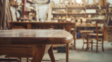 A wood shop with tables and chairs