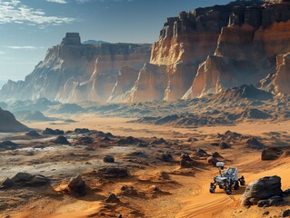 A rover is driving through a desert with a rocky terrain. The rover is white and red in color - obrazy, fototapety, plakaty