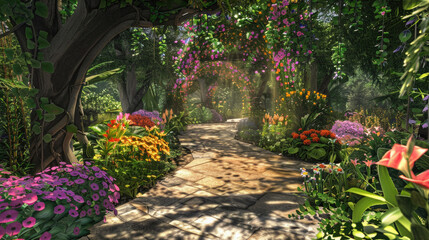 A lush, colorful garden with a stone path leading through it