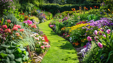 A garden with a path lined with flowers and grass
