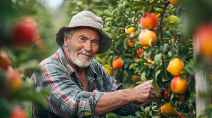 Male gardener working in fruit tree garden
