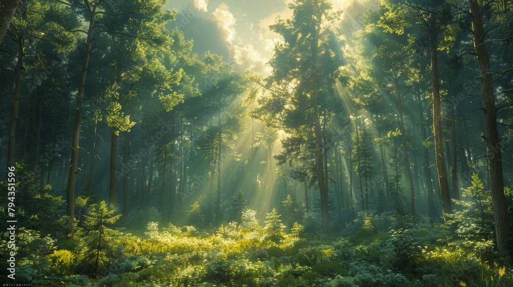 Poster Sunlight piercing through the dense canopy of a lush forest, creating a mystical atmosphere