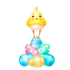 A pile of colorful Easter eggs with a yellow chicken on top. Funny cartoon character. Watercolor illustration isolated on white background, hand drawn.