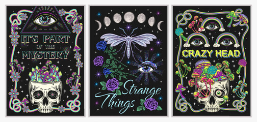 Set of posters with human skull, third eye, mushrooms, stars, crystals of gemstones, flowers. Concept of sacred spirit, magic, extended mind. Magic, mystical surreal illustration.