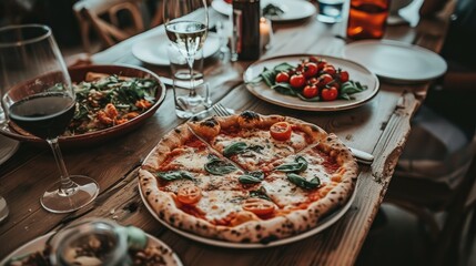 Rustic Wooden Table Set With Delicious Pizza and Plates of Food