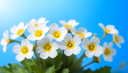 Spring forest white flowers primroses on a beautiful blue background macro. Blurred gentle sky-blue background. Floral nature background, free space for text. Romantic soft gentle artistic image - obrazy, fototapety, plakaty