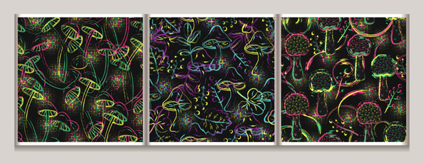 Set of patterns with fantasy mushrooms. Grunge outline illustration. Bright unusual nature objects in neon fluorescent colors. For fairytale, groovy, hippie, mystical, surreal design