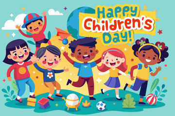 International Children's Day. Vector inscription and funny kids. Vector illustration