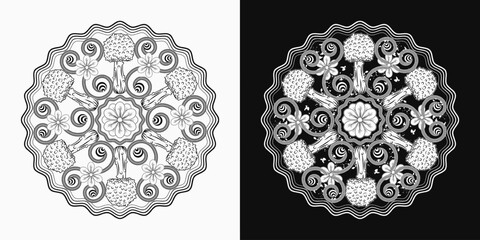 Circular pattern with fantasy mushrooms, chamomiles, wavy lines. Black and white illustration for fantasy, groovy, hippie, mystical, surreal design