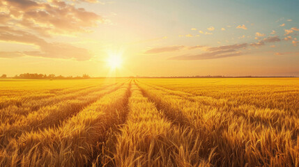 Obraz premium A field of golden wheat with a bright sun in the sky