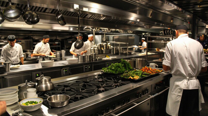 A busy kitchen with chefs cooking and preparing food