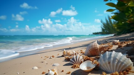 Landscape with seashells on tropical beach.