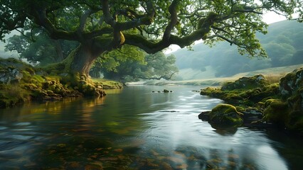 A calm river flows through a scenic landscape with mosscovered trees. Concept Nature, River, Scenic Landscape, Trees, MossCovered