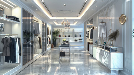 High-End Boutique: Luxurious boutique interior showcasing designer clothing racks and accessories, exuding sophistication and style. --ar 16:9 Job ID: 9ddf4a55-2ad1-434d-aba8-5f7e4b3bfa6a