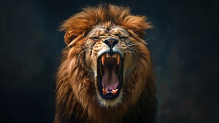 Naklejka premium A lion with a flowing mane roars powerfully against a dark background.