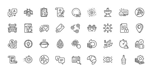 Biometric eye, E-mail and Grill line icons pack. AI, Question and Answer, Map pin icons. Coffee maker, Flight mode, Heart web icon. Attention, 360 degrees, Timer pictogram. Vector - obrazy, fototapety, plakaty