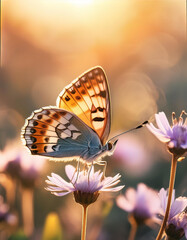 Ilustracja kolorowego motyla na łące. Generative AI - 794354554